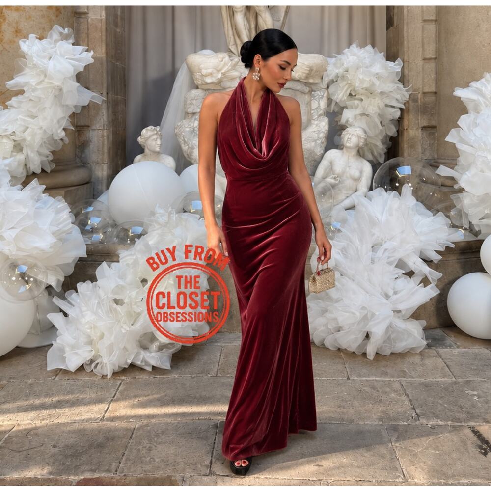 Zara NWT Raspberry Velvet Halter Open Back Maxi Dress M - Picture 11 of 16